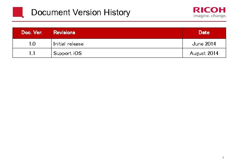 Document Version History Doc. Ver. Revisions Date 1. 0 Initial release June 2014 1.