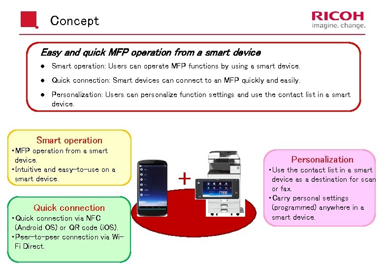 Concept Easy and quick MFP operation from a smart device l Smart operation: Users