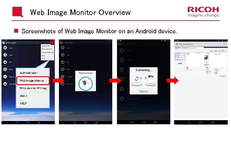 Web Image Monitor Overview n Screenshots of Web Image Monitor on an Android device.