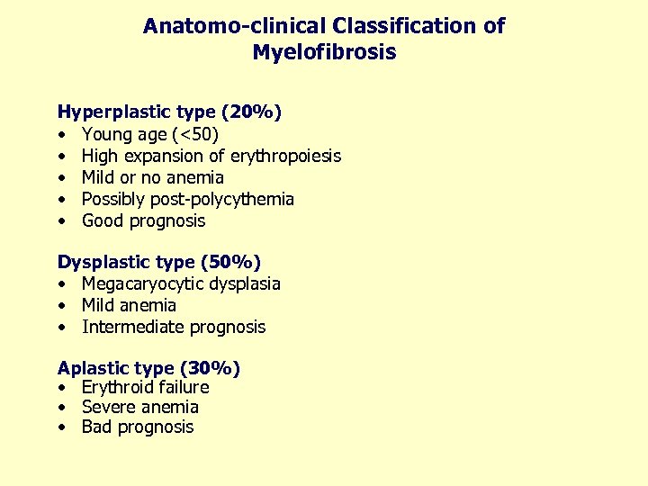 Anatomo-clinical Classification of Myelofibrosis Hyperplastic type (20%) • Young age (<50) • High expansion