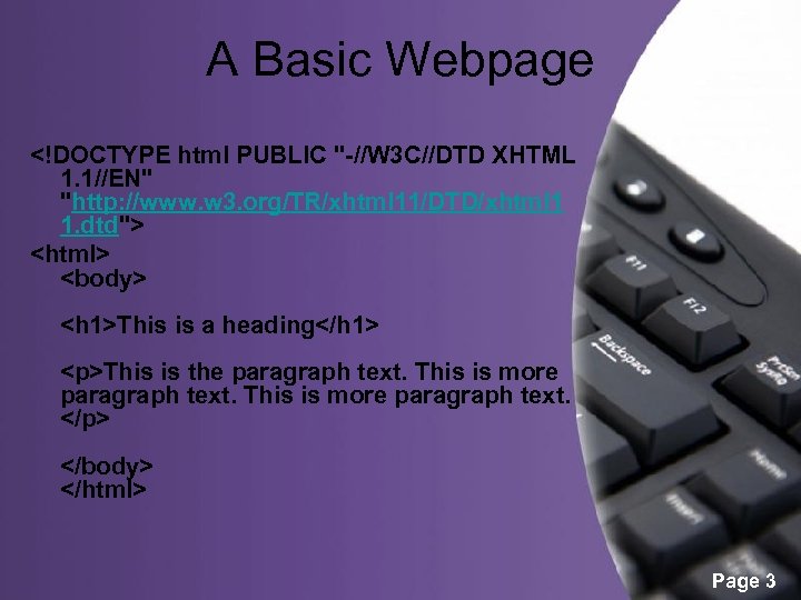 A Basic Webpage <!DOCTYPE html PUBLIC "-//W 3 C//DTD XHTML 1. 1//EN" "http: //www.