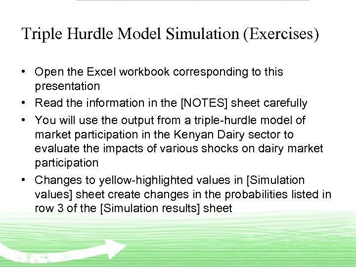Triple Hurdle Model Simulation (Exercises) • Open the Excel workbook corresponding to this presentation