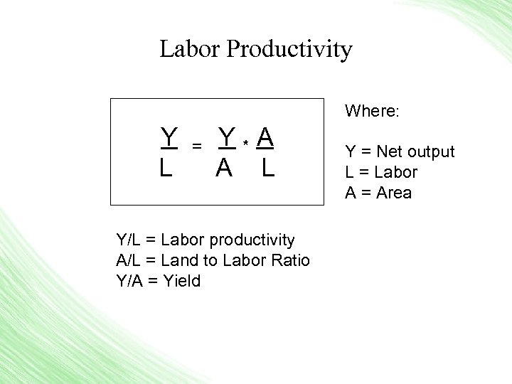 Labor Productivity Where: Y = Y * A L A L Y/L = Labor