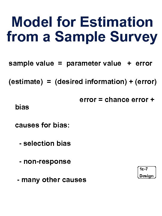 Model for Estimation from a Sample Survey sample value = parameter value + error