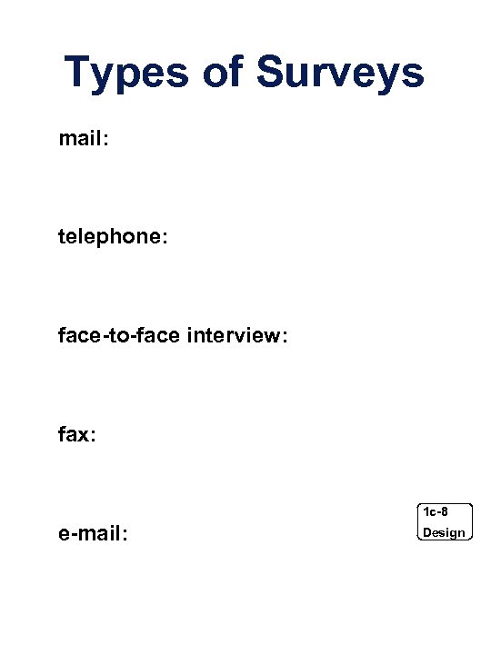 Types of Surveys mail: telephone: face-to-face interview: fax: 1 c-8 e-mail: Design 
