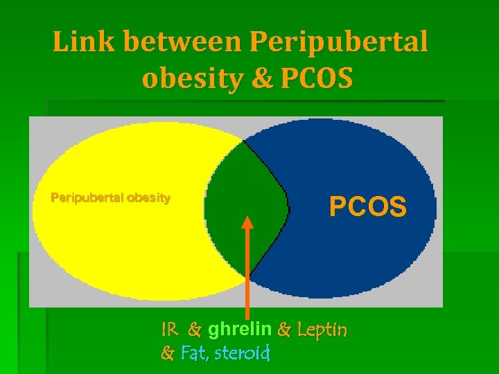 Link between Peripubertal obesity & PCOS Peripubertal obesity PCOS IR & ghrelin & Leptin