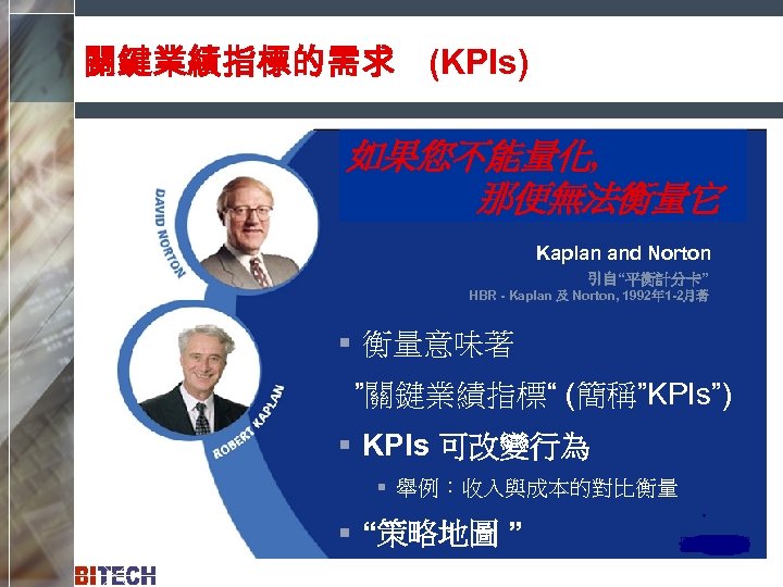 關鍵業績指標的需求 (KPIs) “如果您不能對它進行衡量， 如果您不能量化, 您便無法管理它口 那便無法衡量它 Kaplan and Norton 引自“平衡計分卡” HBR - Kaplan 及