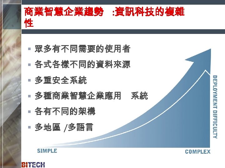 商業智慧企業趨勢 : 資訊科技的複雜 性 § 眾多有不同需要的使用者 § 各式各樣不同的資料來源 § 多重安全系統 § 多種商業智慧企業應用 § 各有不同的架構