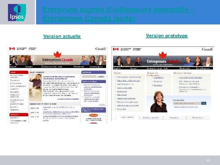 Entrevues auprès d’utilisateurs interactifs – Entreprises Canada (suite) Version actuelle Version prototype 35 