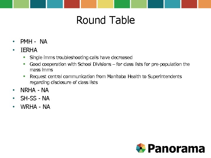 Round Table • PMH - NA • IERHA § Single imms troubleshooting calls have