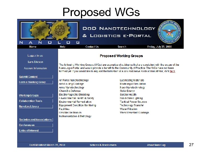 Proposed WGs 27 