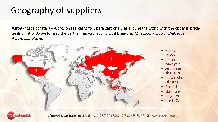 Geography of suppliers Agro. Akhtuba constantly works on searching for spare part offers all