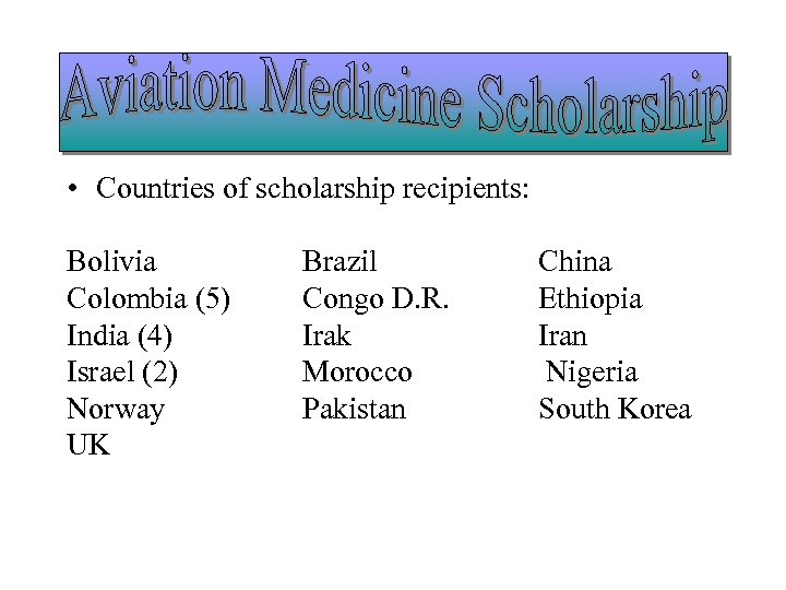  • Countries of scholarship recipients: Bolivia Colombia (5) India (4) Israel (2) Norway