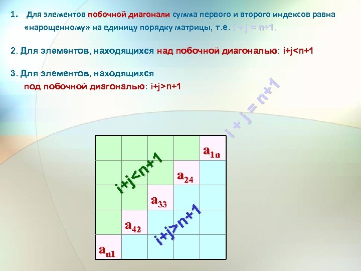 1. Для элементов побочной диагонали сумма первого и второго индексов равна «нарощенному» на единицу