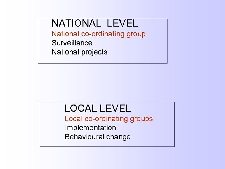  NATIONAL LEVEL National co-ordinating group Surveillance National projects LOCAL LEVEL Local co-ordinating groups