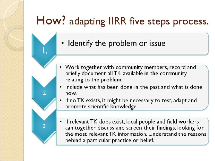 How? adapting IIRR five steps process. 