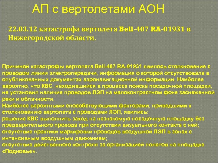 АП с вертолетами АОН 22. 03. 12 катастрофа вертолета Bell-407 RA-01931 в Нижегородской области.