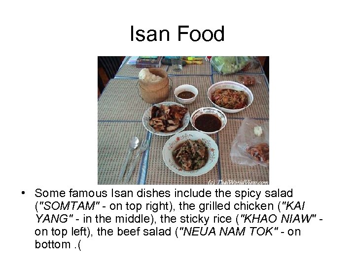 Isan Food • Some famous Isan dishes include the spicy salad ("SOMTAM" - on