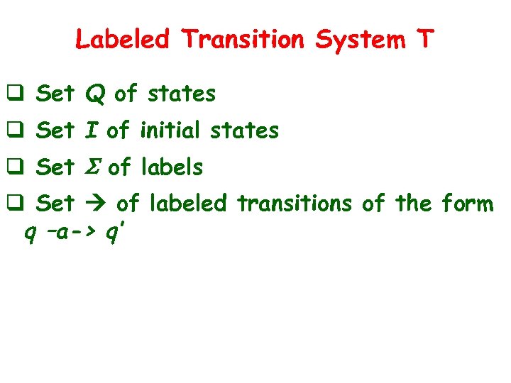 Labeled Transition System T q Set Q of states q Set I of initial