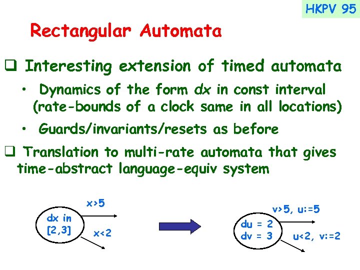 HKPV 95 Rectangular Automata q Interesting extension of timed automata • Dynamics of the