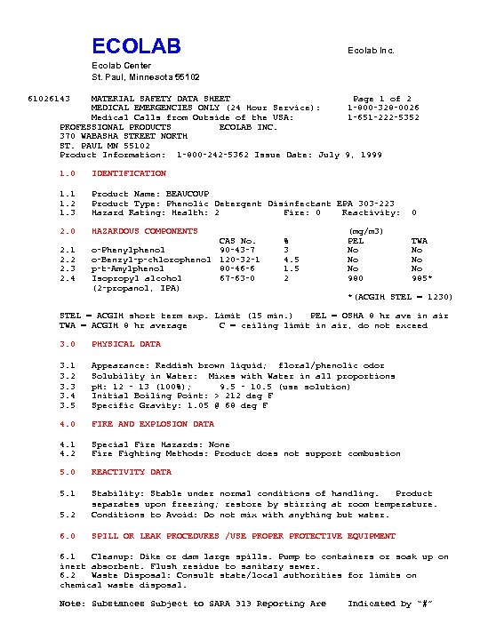 ECOLAB Ecolab Inc. Ecolab Center St. Paul, Minnesota 55102 61026143 MATERIAL SAFETY DATA SHEET