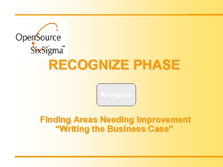 TM RECOGNIZE PHASE Recognize Finding Areas Needing Improvement “Writing the Business Case” 