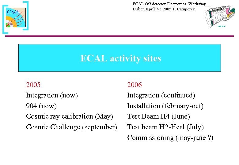 ECAL Off detector Electronics Workshop Lisbon April 7 -8 2005 T. Camporesi ECAL activity