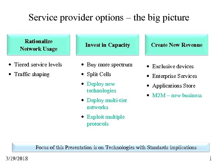 Service provider options – the big picture Rationalize Network Usage Invest in Capacity Create