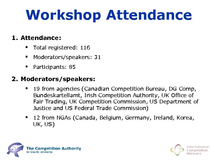 Workshop Attendance 1. Attendance: § Total registered: 116 § Moderators/speakers: 31 § Participants: 85