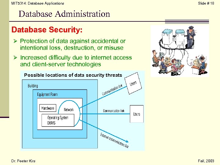 MIT 5314: Database Applications Slide # 18 Database Administration Database Security: Ø Protection of