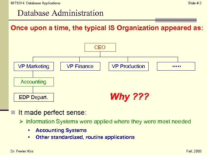 MIT 5314: Database Applications Slide # 2 Database Administration Once upon a time, the