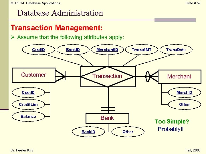MIT 5314: Database Applications Slide # 52 Database Administration Transaction Management: Ø Assume that