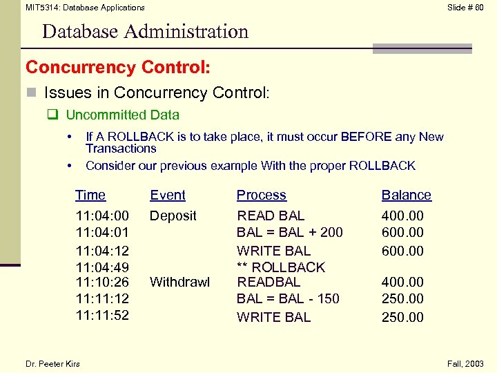 MIT 5314: Database Applications Slide # 60 Database Administration Concurrency Control: n Issues in