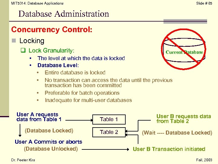 MIT 5314: Database Applications Slide # 65 Database Administration Concurrency Control: n Locking q