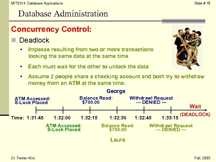 MIT 5314: Database Applications Slide # 70 Database Administration Concurrency Control: n Deadlock •
