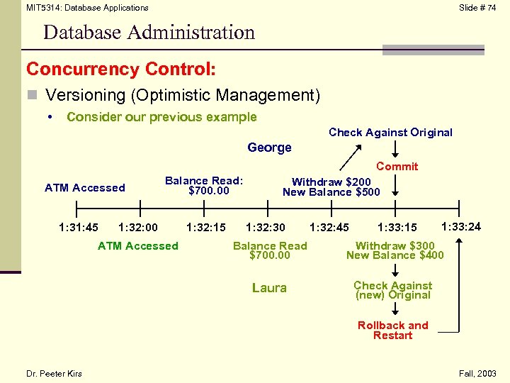 MIT 5314: Database Applications Slide # 74 Database Administration Concurrency Control: n Versioning (Optimistic