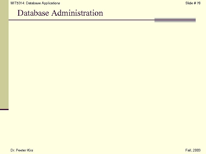 MIT 5314: Database Applications Slide # 76 Database Administration Dr. Peeter Kirs Fall, 2003