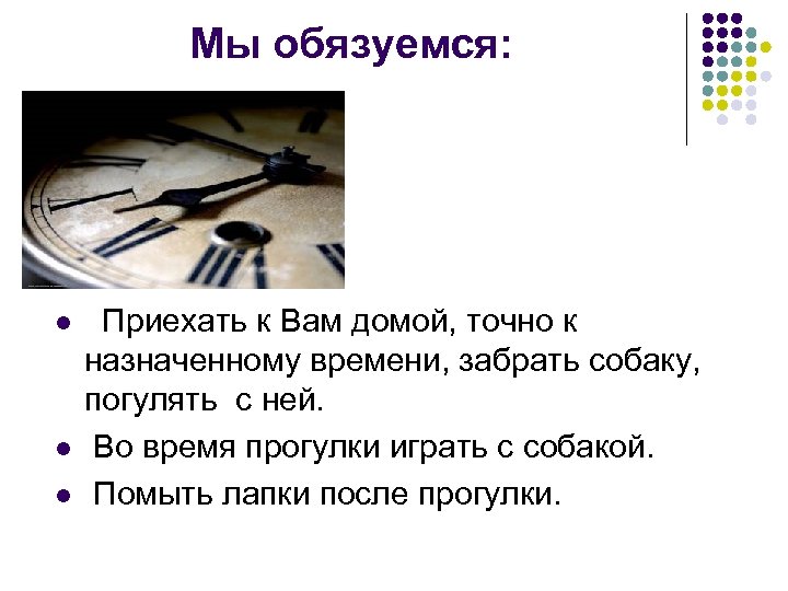 Мы обязуемся: l l l Приехать к Вам домой, точно к назначенному времени, забрать