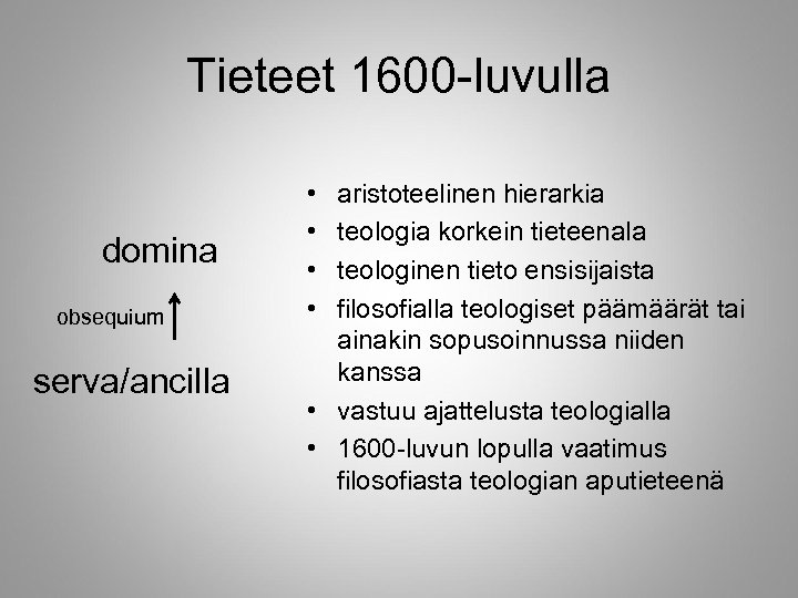 Tieteet 1600 -luvulla domina obsequium serva/ancilla • • aristoteelinen hierarkia teologia korkein tieteenala teologinen