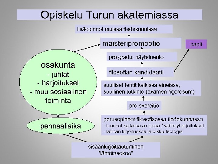 Opiskelu Turun akatemiassa lisäopinnot muissa tiedekunnissa maisteripromootio papit pro gradu; näyteluento osakunta - juhlat
