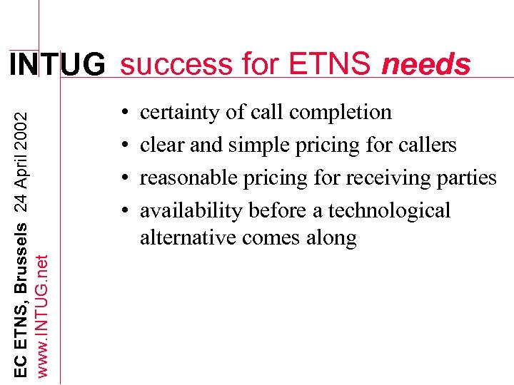 EC ETNS, Brussels 24 April 2002 www. INTUG. net INTUG success for ETNS needs