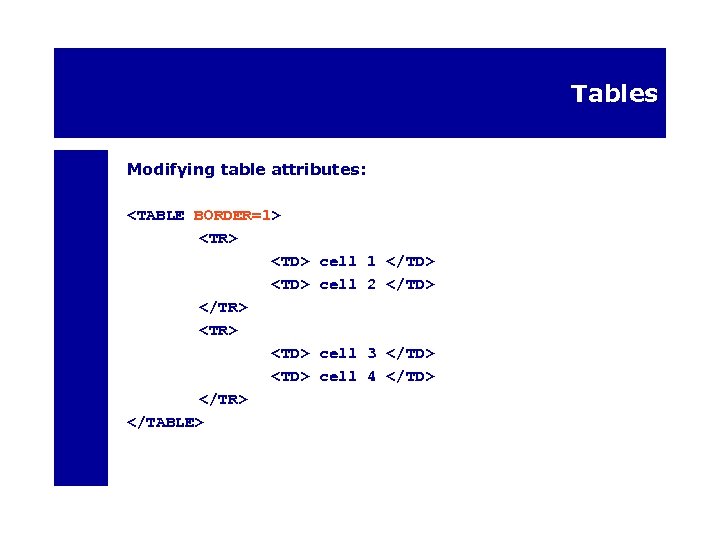 Tables Modifying table attributes: <TABLE BORDER=1> <TR> <TD> </TR> </TABLE> cell 1 </TD> cell
