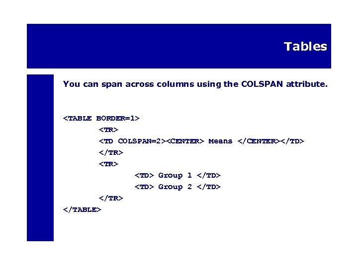 Tables You can span across columns using the COLSPAN attribute. <TABLE BORDER=1> <TR> <TD