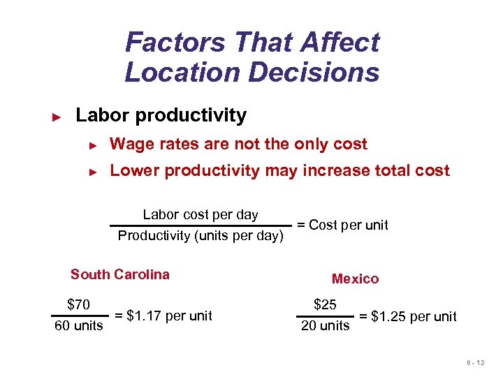 Factors That Affect Location Decisions ► Labor productivity ► Wage rates are not the