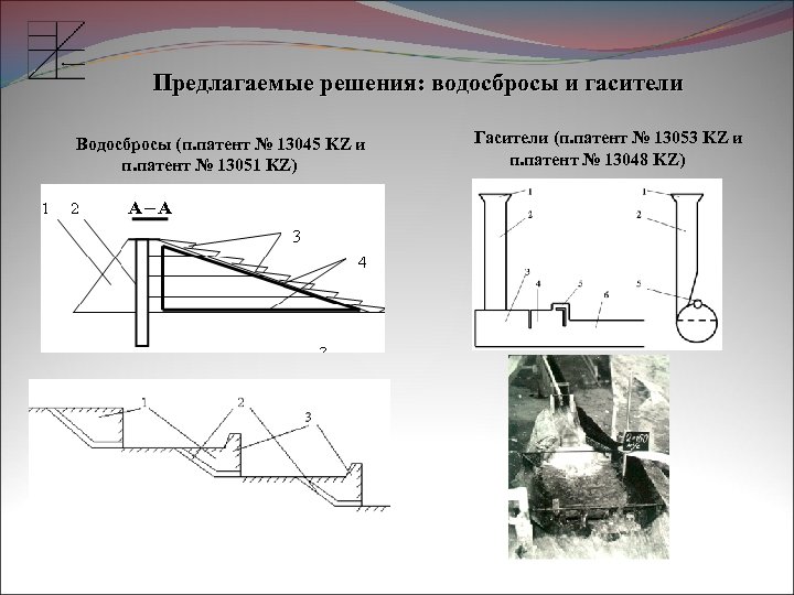 Предлагаемые решения: водосбросы и гасители Водосбросы (п. патент № 13045 KZ и п. патент