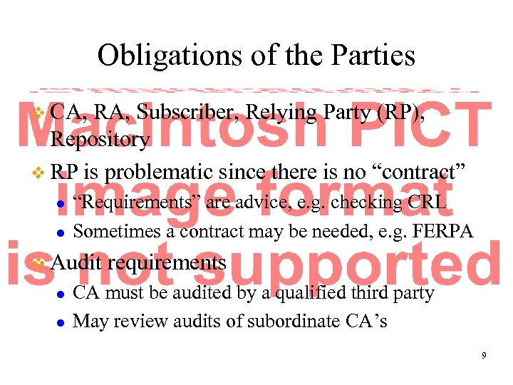 Obligations of the Parties v CA, RA, Subscriber, Relying Party (RP), Repository v RP