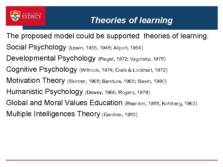 Theories of learning The proposed model could be supported theories of learning: Social Psychology