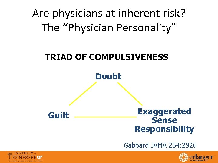 Are physicians at inherent risk? The “Physician Personality” TRIAD OF COMPULSIVENESS Doubt Guilt Exaggerated