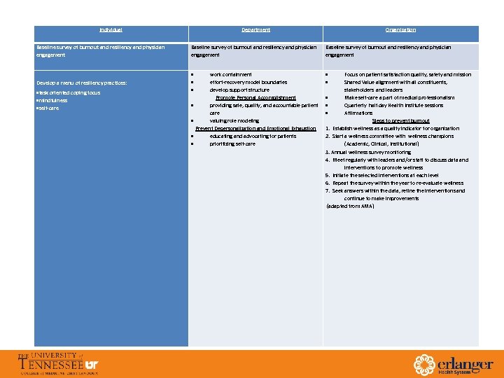 Individual Department Baseline survey of burnout and resiliency and physician engagement Develop a menu