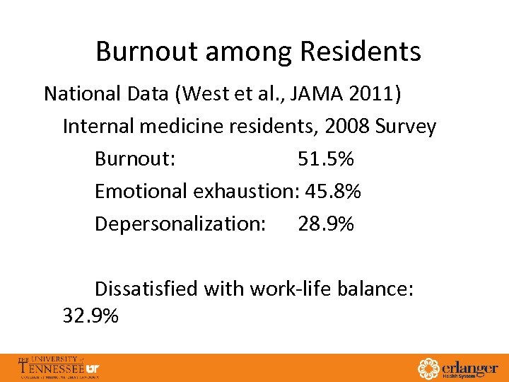 Burnout among Residents National Data (West et al. , JAMA 2011) Internal medicine residents,